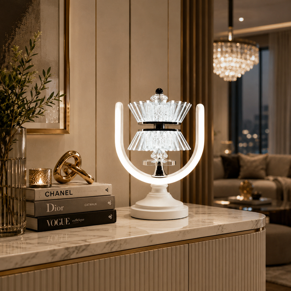 Crown U-Halo Crystal Acrylic Table Lamp – Double-Tier Crown, White Base