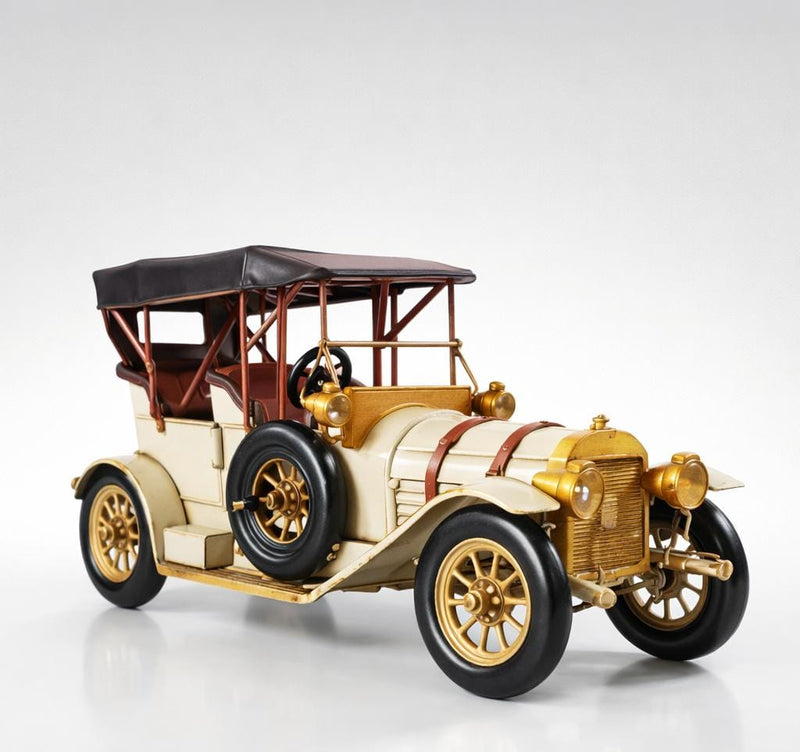 Handcrafted 1910s Vintage Metal Car Model – Cream & Gold Tabletop Decor for Living Room Shelf
