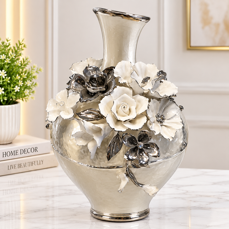 Elegant Ivory Floral Decorative Vase with Silver Accents