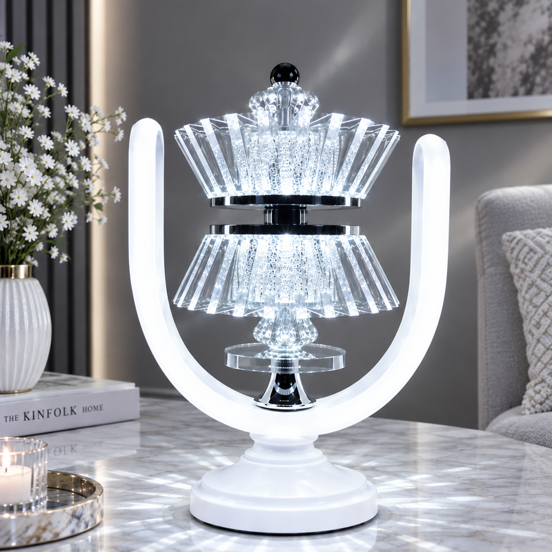 Crown U-Halo Crystal Acrylic Table Lamp – Double-Tier Crown, White Base