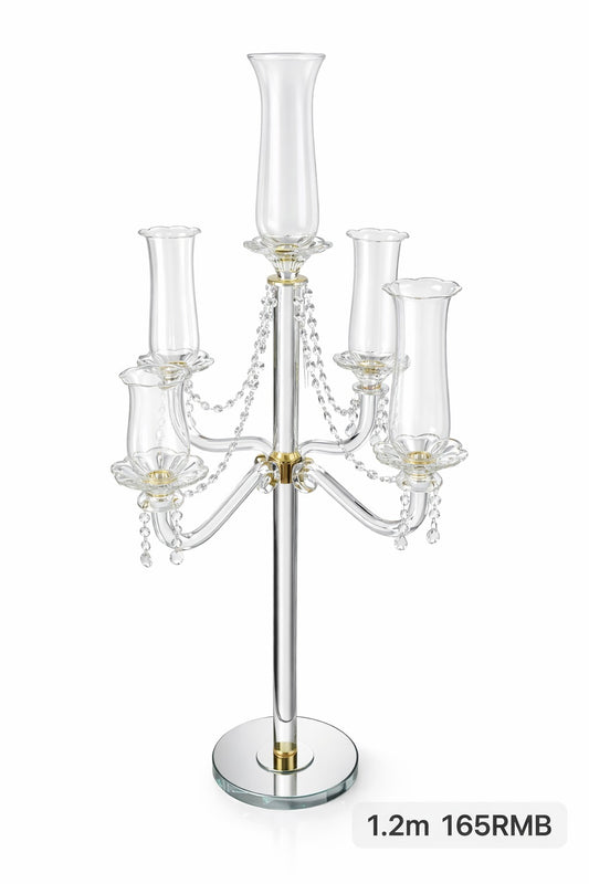 حامل شموع بخمسة شموع مع كرات كريستالية متعددة الأوجه - فضي وذهبي