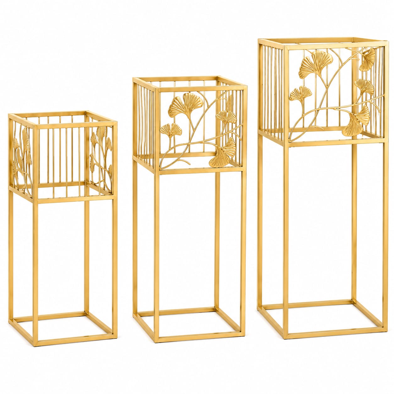 Gold Metal Flower Pot Stand Set with Ginkgo Leaf Design – Luxury Decorative Planter Stands (Set of 3)