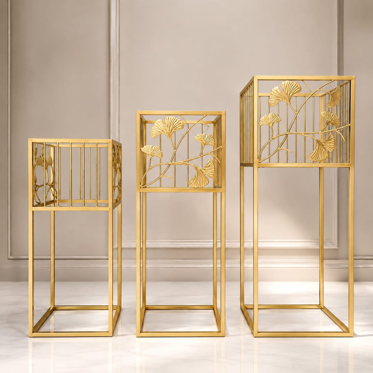 Gold Metal Flower Pot Stand Set with Ginkgo Leaf Design – Luxury Decorative Planter Stands (Set of 3)
