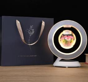 Magnetic Levitating, , O Shape Forever Flowers, 360 Degree Rotation, with LED Light Base for Home  Decor