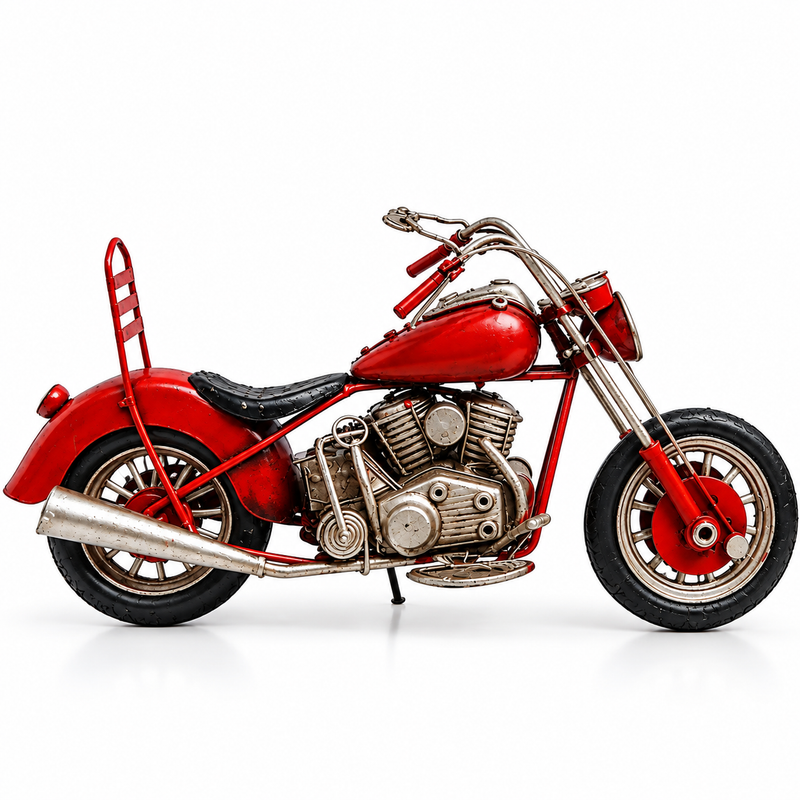 Vintage Red Chopper Motorcycle Model – Handcrafted Metal Bike Decor for Home & Office