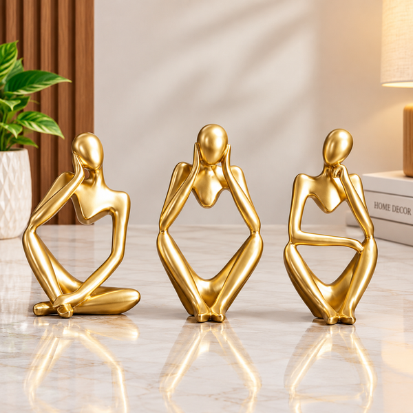 Set of 3 Gold Abstract Thinking Human Sculptures – Modern Resin Home Decor