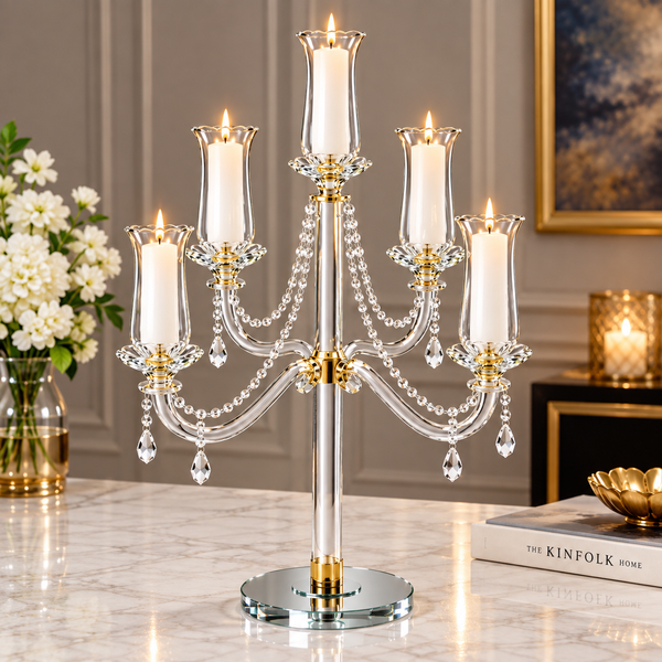 5-Candle Holder with Faceted Crystal Balls – Silver & Gold