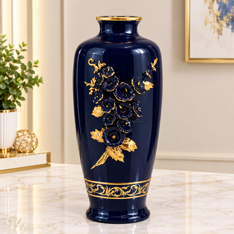 Royal Navy Blue & Gold Floral c Decorative  Ceramic Vase